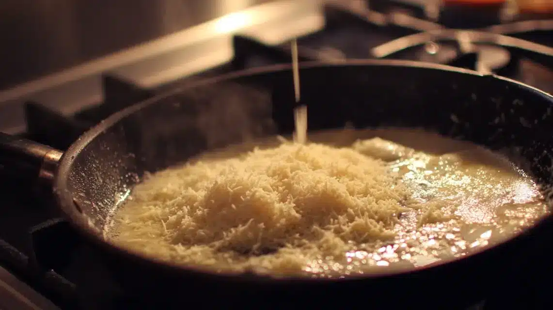 Parmesan melting into garlic sauce Parmesan garlic cream sauce simmering