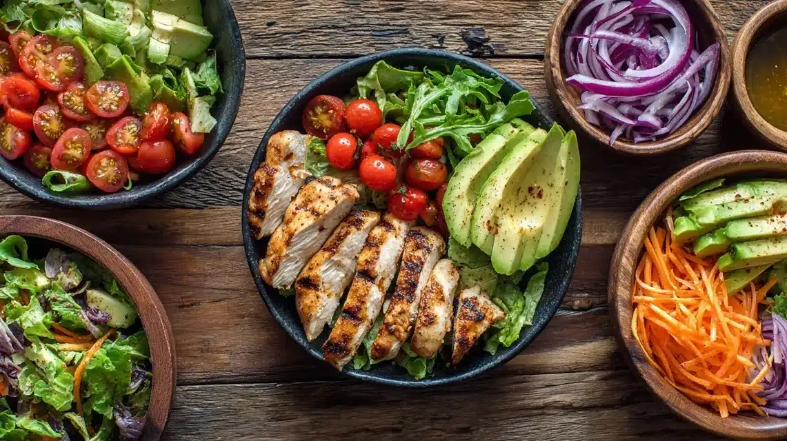 Chicken tender salad ingredients on kitchen counter Ingredients for chicken tender salad with fresh vegetables and tenders