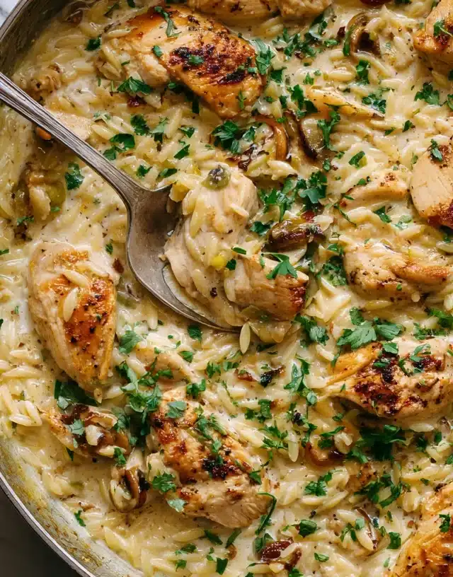 Chicken alfredo orzo served on a rustic plate