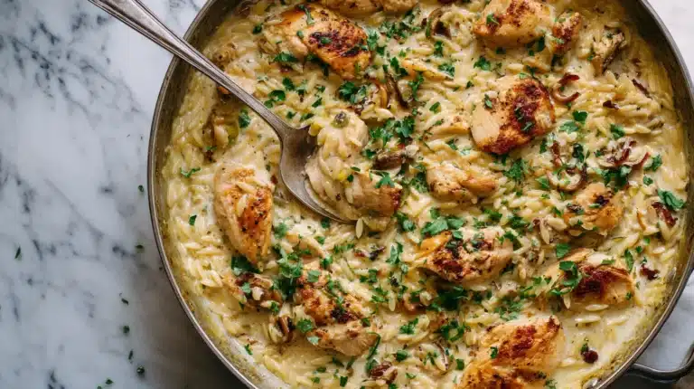 Chicken alfredo orzo served on a rustic plate