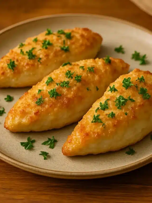 Finished parmesan crusted chicken recipe Hellmann's with garnish