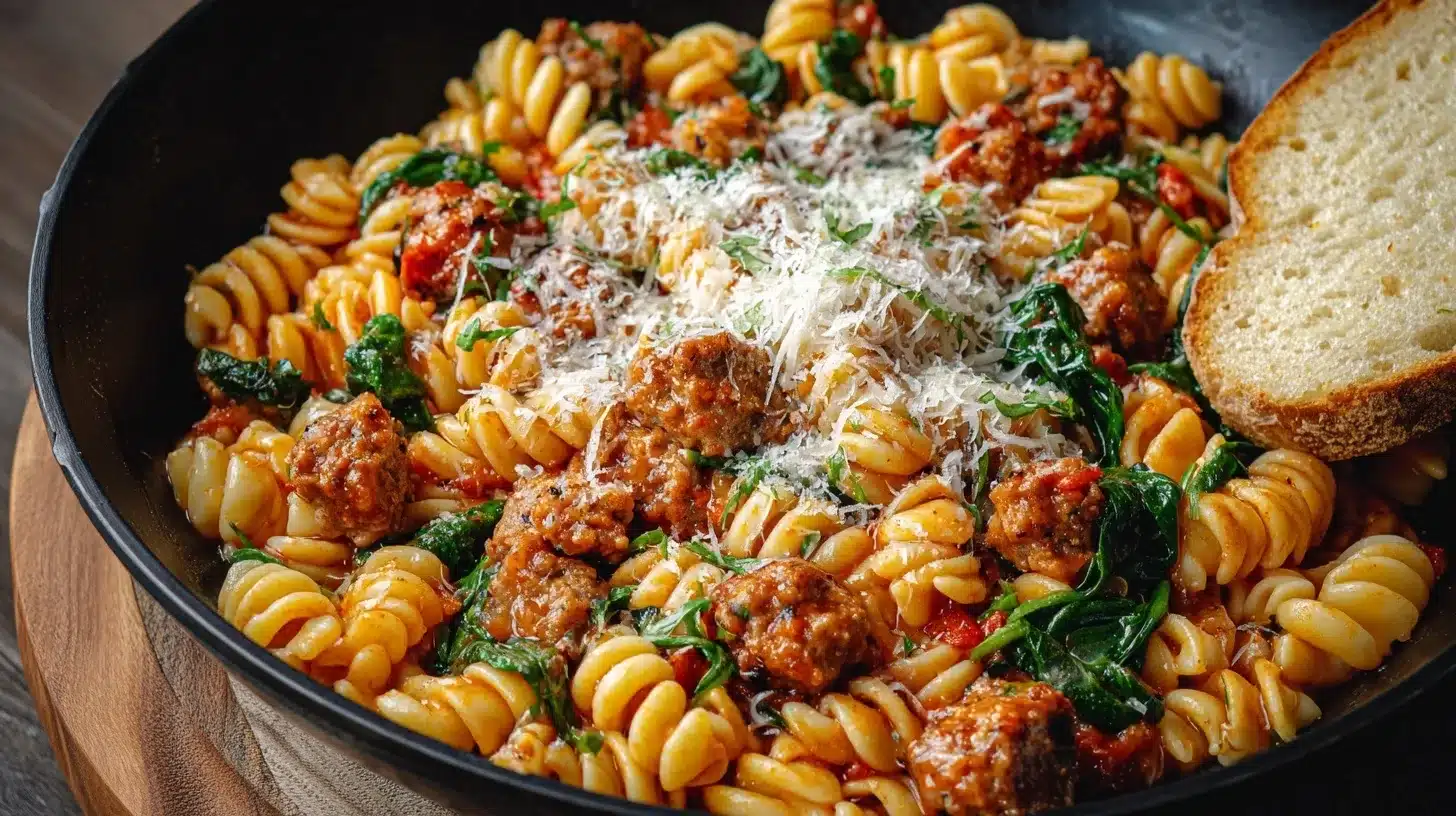 Finished chicken sausage pasta ready to serve Chicken sausage pasta with parmesan on top