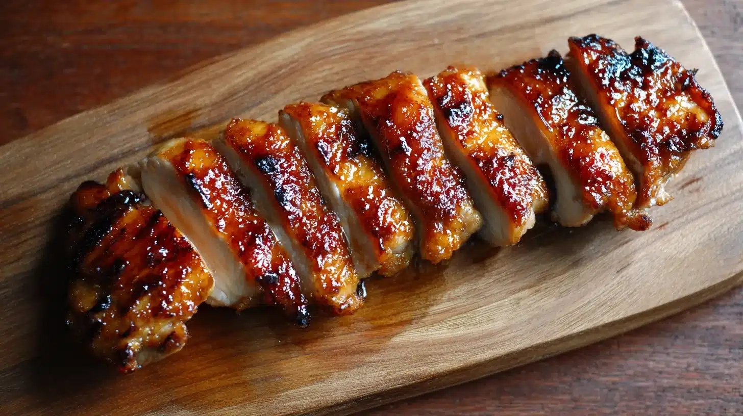 7Checking temp and resting chicken Resting grilled teriyaki chicken thighs before slicing