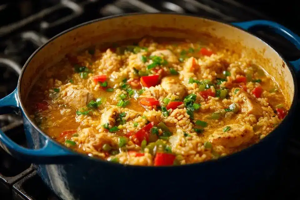 Covered skillet simmering Cajun Chicken and Rice simmering covered on stove