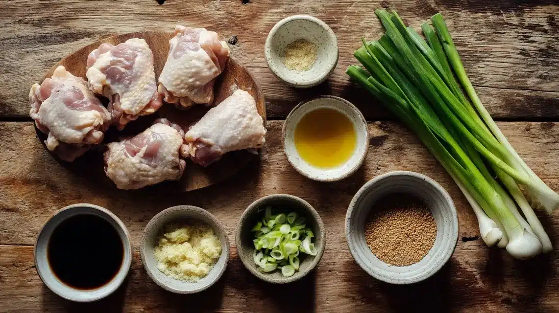 Ingredients for grilled teriyaki chicken Ingredients for grilled teriyaki chicken laid out on wooden counter