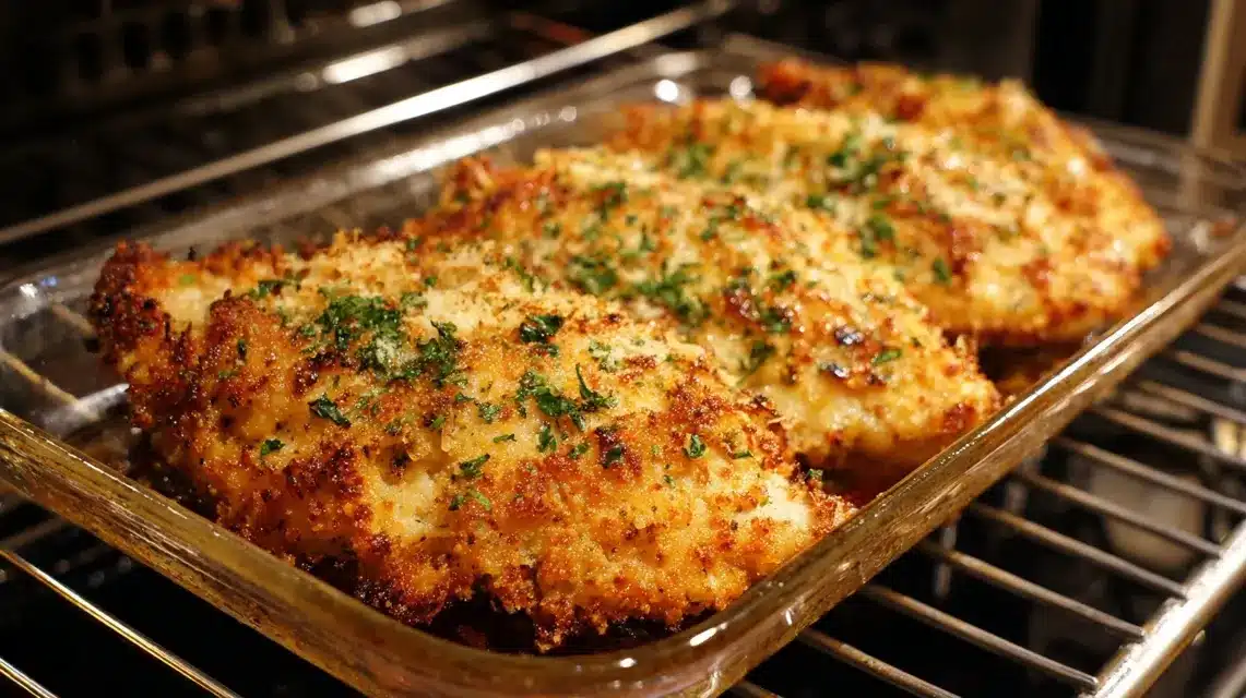 Broiling for crisp finish hellmann’s parmesan crusted chicken served on a rustic plate