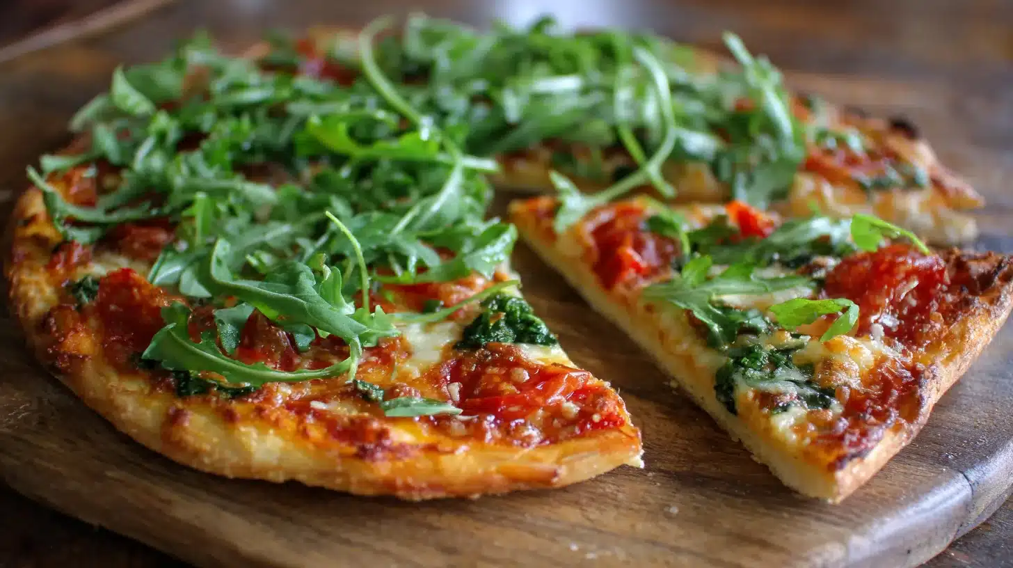 Finished canned chicken pizza crust on cozy kitchen table Canned chicken pizza crust served on a rustic plate
