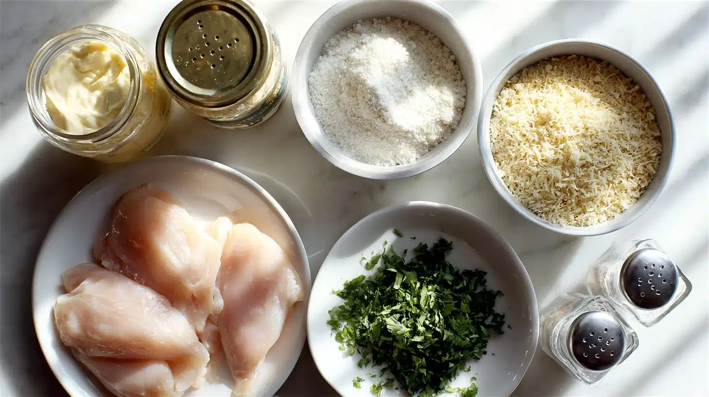 Ingredients for Parmesan Crusted Chicken Recipe Parmesan crusted chicken recipe Hellmann's ingredients laid out on counter