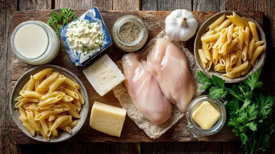 Ingredients for Garlic Parmesan Chicken Pasta Garlic Parmesan Chicken Pasta ingredients laid out on a kitchen counter