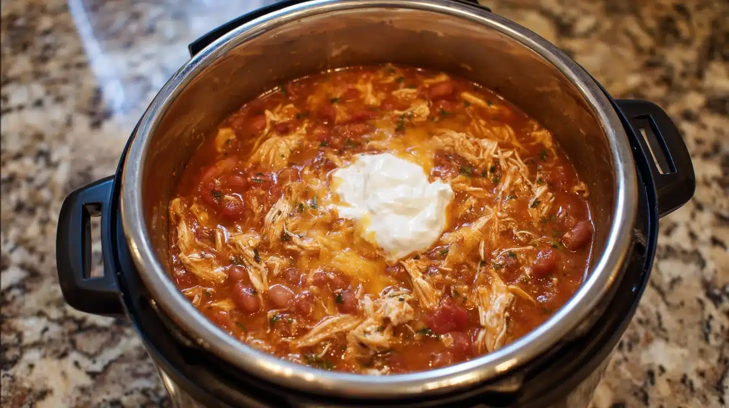 8Stirring in cream cheese Making creamy chicken white bean chili Instant Pot style