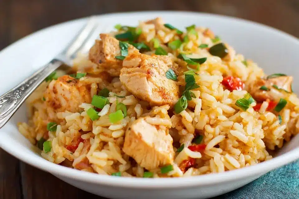 Finished Cajun Chicken and Rice on cozy kitchen table Cajun Chicken and Rice served on a rustic plate