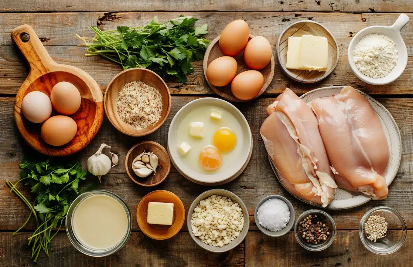 Ingredients for Parmesan Crusted Chicken with Creamy Garlic Sauce Flatlay of ingredients including chicken breasts, parmesan, breadcrumbs, garlic, milk, and spices for creamy garlic chicken
