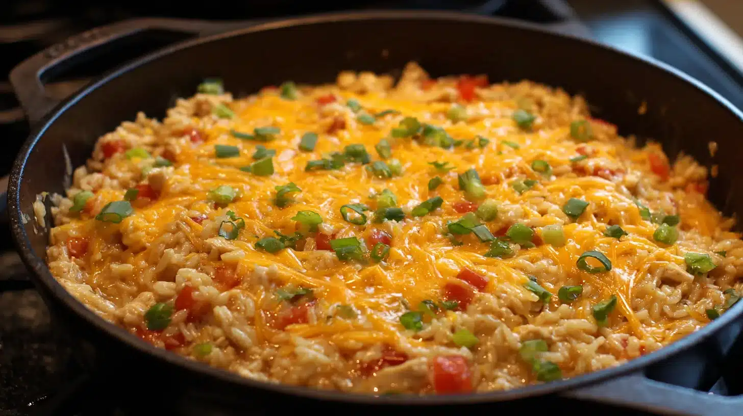 Adding cheese to finished dish Melting cheese into taco chicken and rice