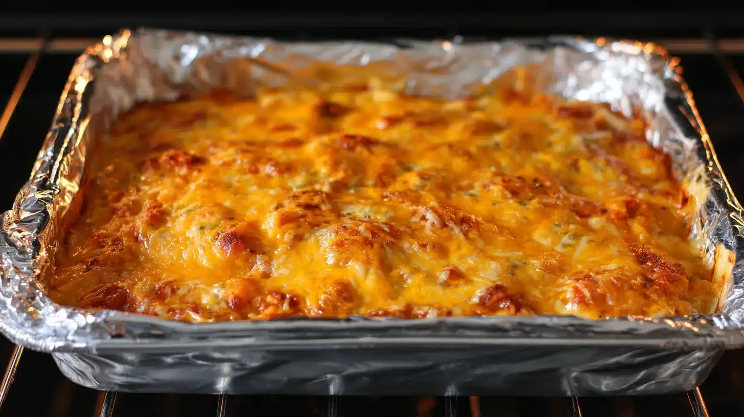 Baked enchiladas coming out of oven Street Corn Chicken Enchiladas fresh from the oven