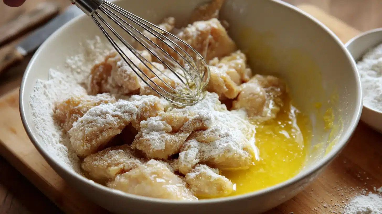 Coating chicken pieces Chicken bites coated for Bang Bang Chicken Bites
