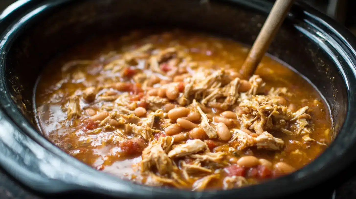 Cooking chili in crockpot Crockpot Recipes: White Bean and Chicken Chili cooking low and slow