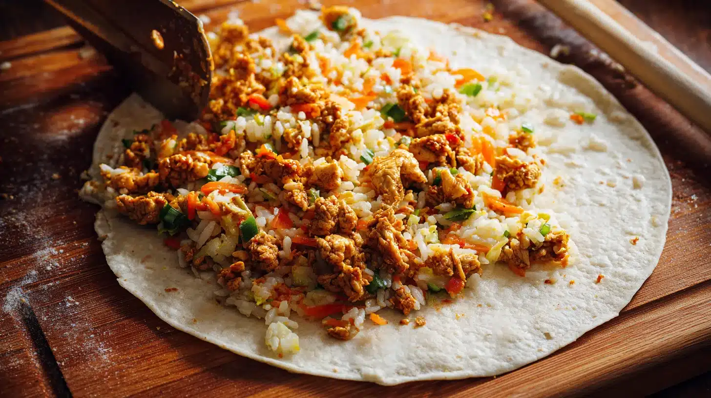 Filling the tortillas Chicken and rice tacos being filled on a counter