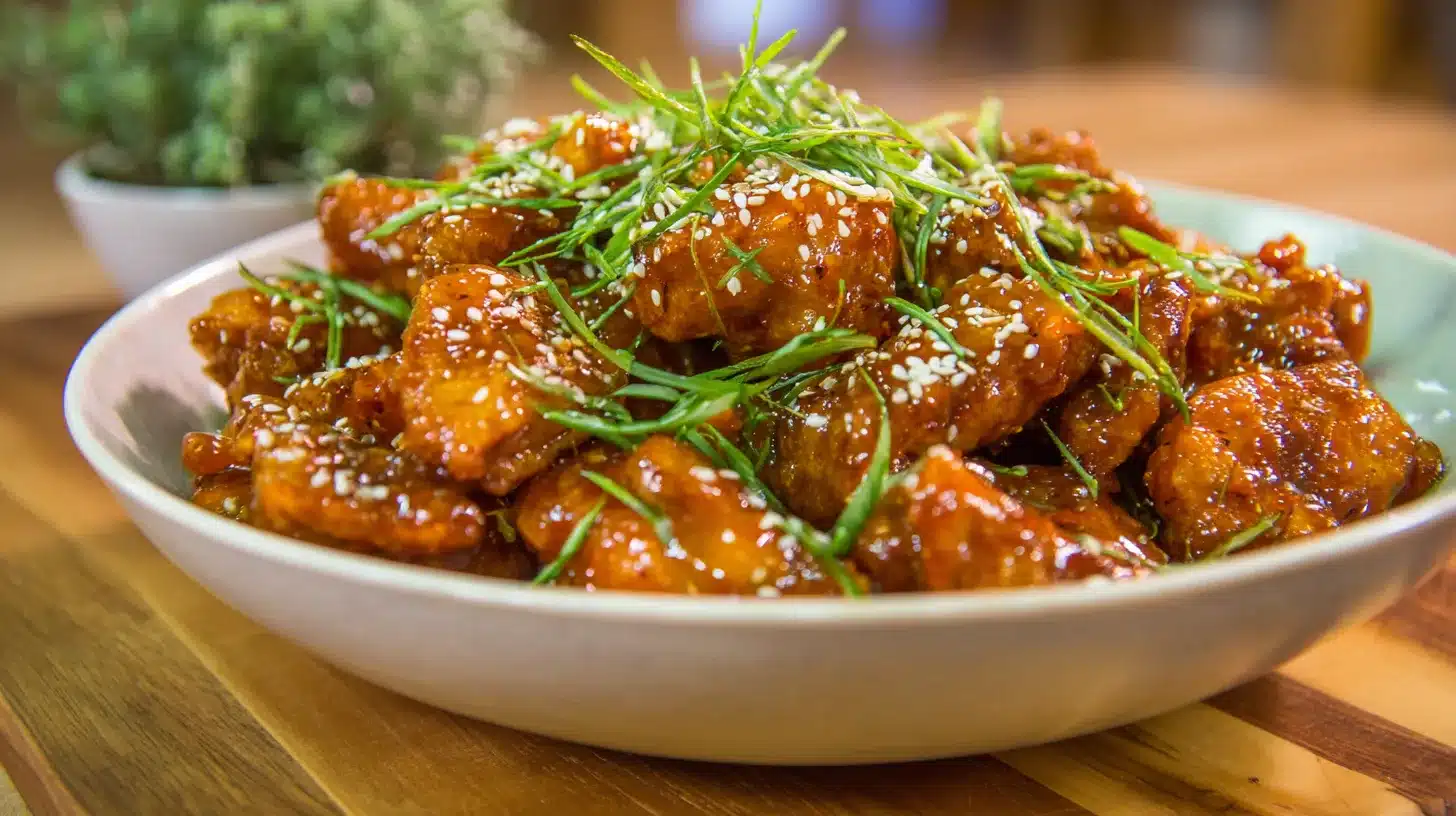 Finished Bang Bang Chicken Bites in bowl Bang Bang Chicken Bites tossed in sauce