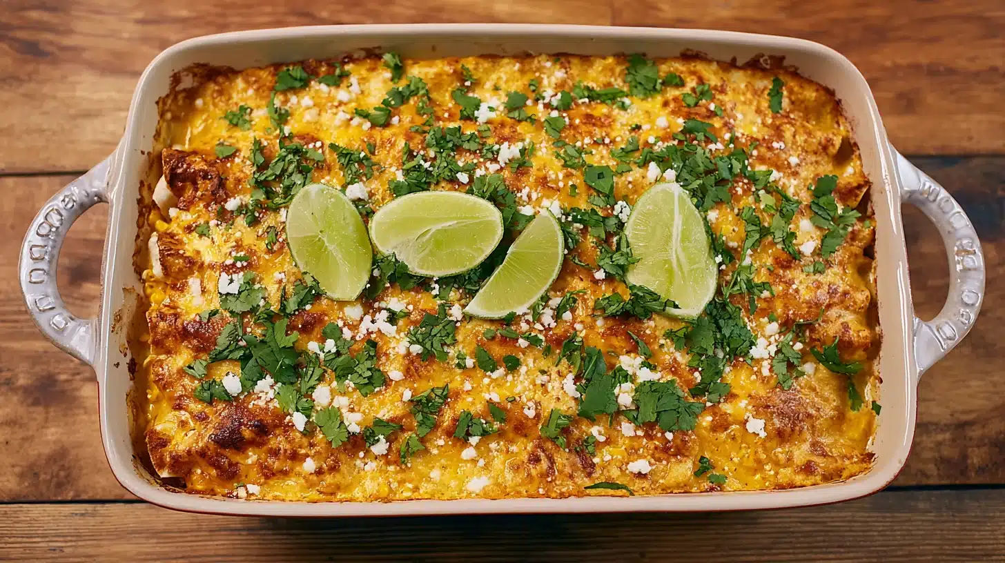 Finished Street Corn Chicken Enchiladas on cozy kitchen table Street Corn Chicken Enchiladas served on a rustic plate