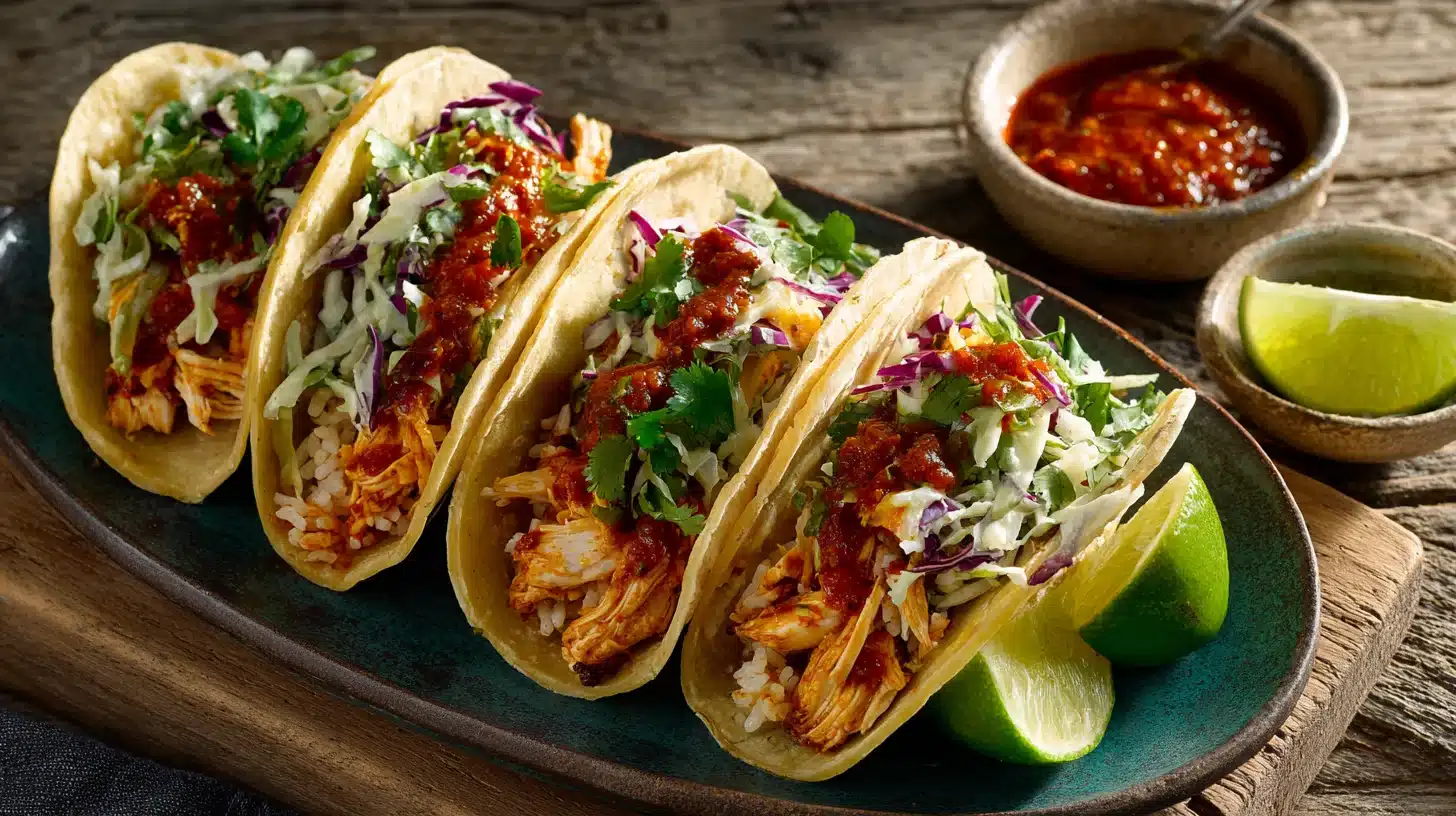 Finished chicken and rice tacos on cozy kitchen table Chicken and rice tacos served on a rustic plate