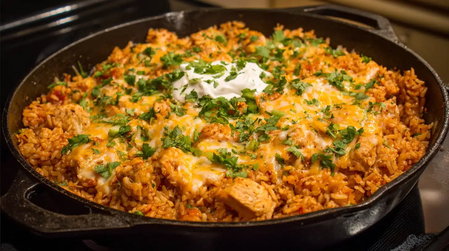 Finished taco chicken and rice in skillet Taco chicken and rice served with toppings