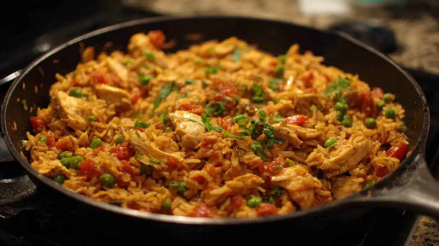 Heating chicken and rice mixture in skillet Chicken and rice tacos filling simmering in a pan