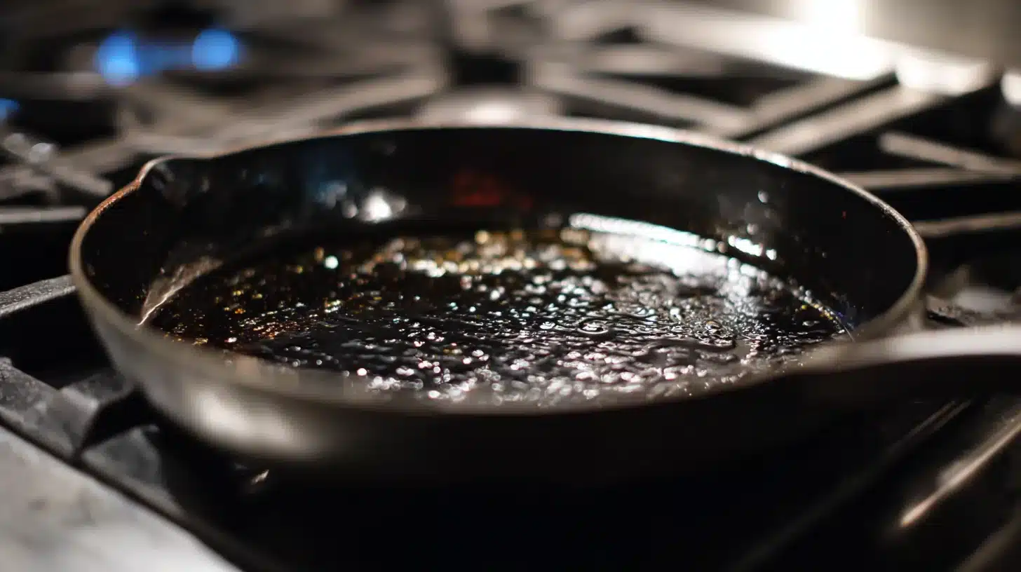 Heating olive oil in a skillet Skillet heating oil for taco chicken and rice