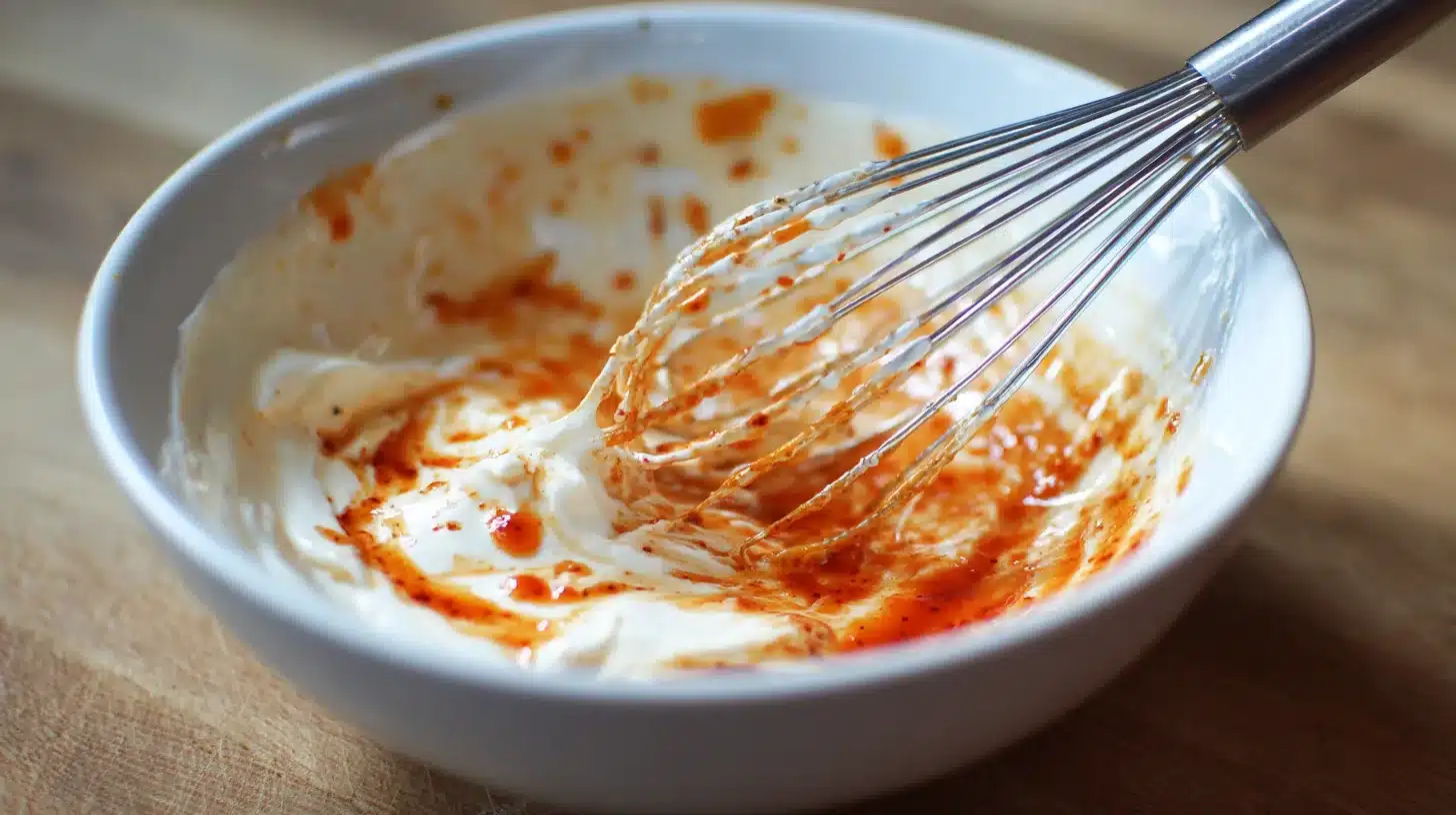 Mixing Bang Bang sauce Whisking sweet and spicy Bang Bang sauce