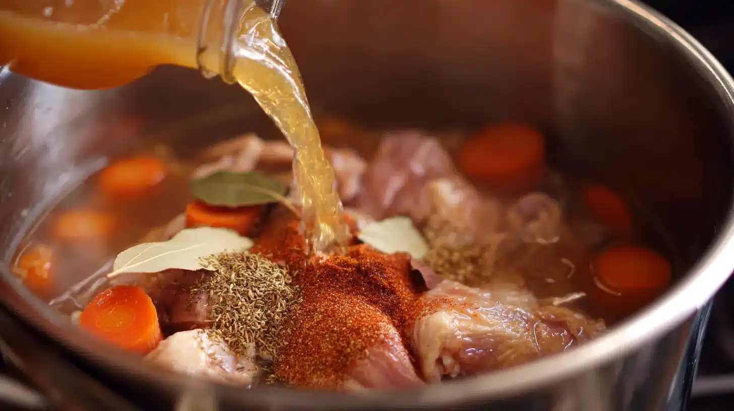 Pouring broth and spices into chili Crockpot Recipes: White Bean and Chicken Chili broth and seasonings