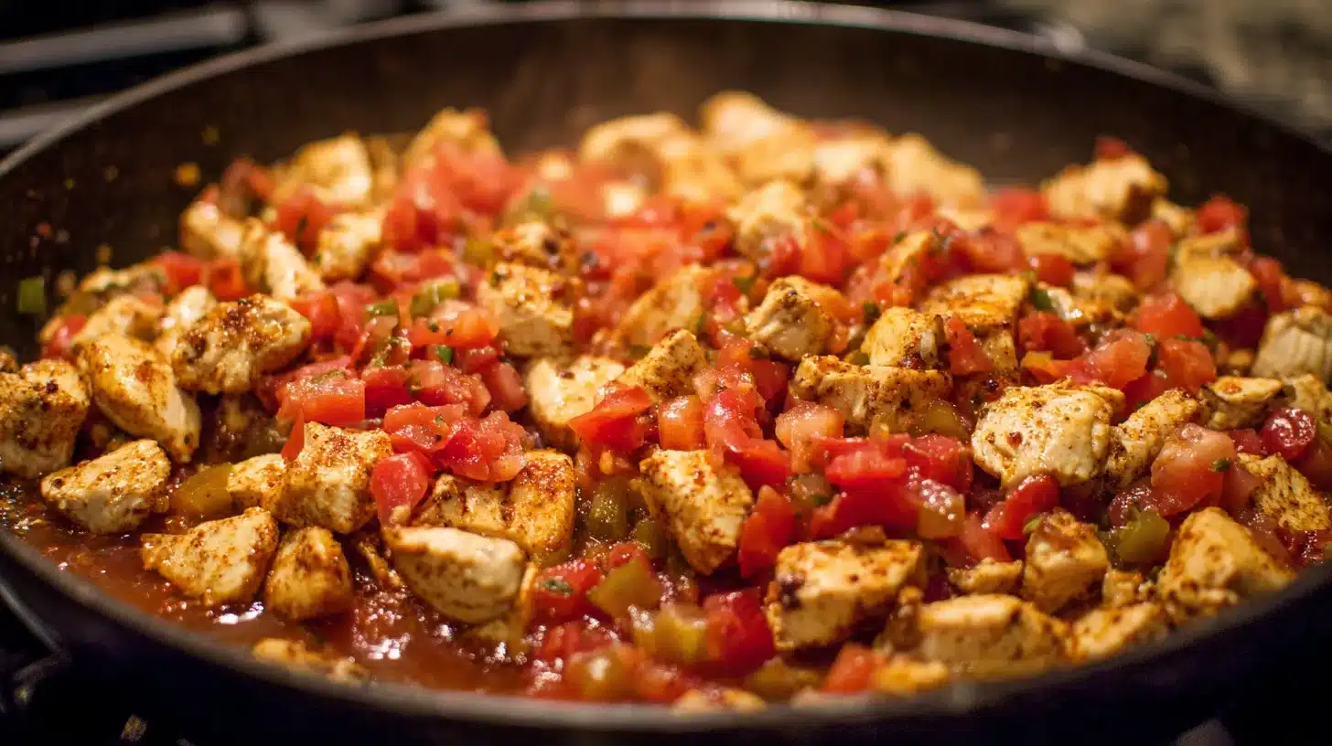 Pouring ingredients into skillet Mixing tomatoes, rice, and broth for taco chicken and rice
