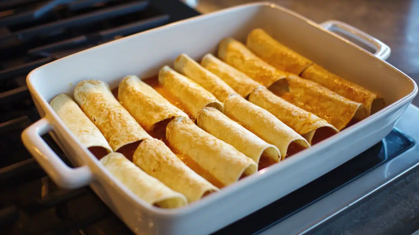 Rolling filled tortillas Rolling Street Corn Chicken Enchiladas into tortillas