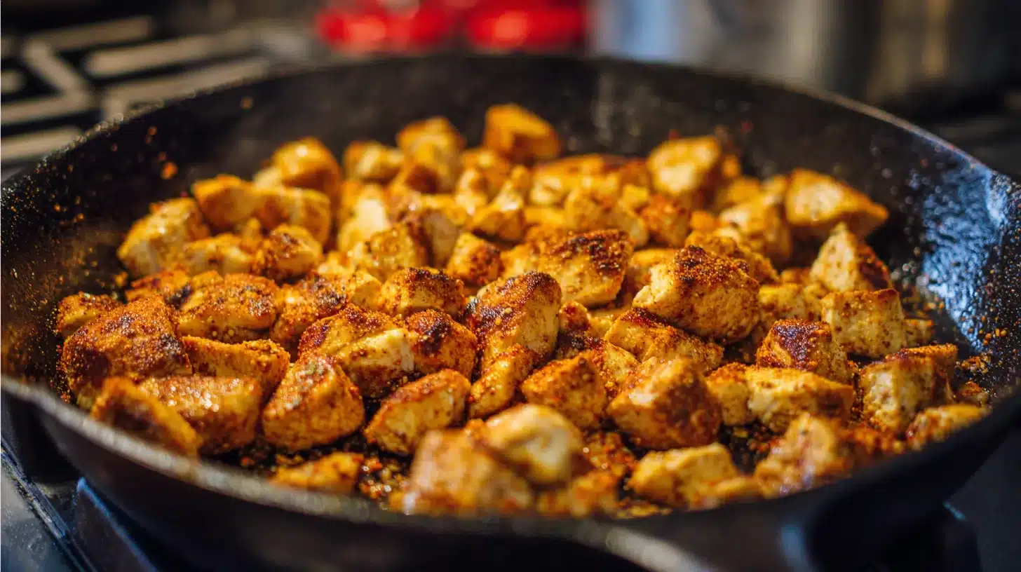 Seasoning diced chicken in skillet Chicken seasoned for taco chicken and rice