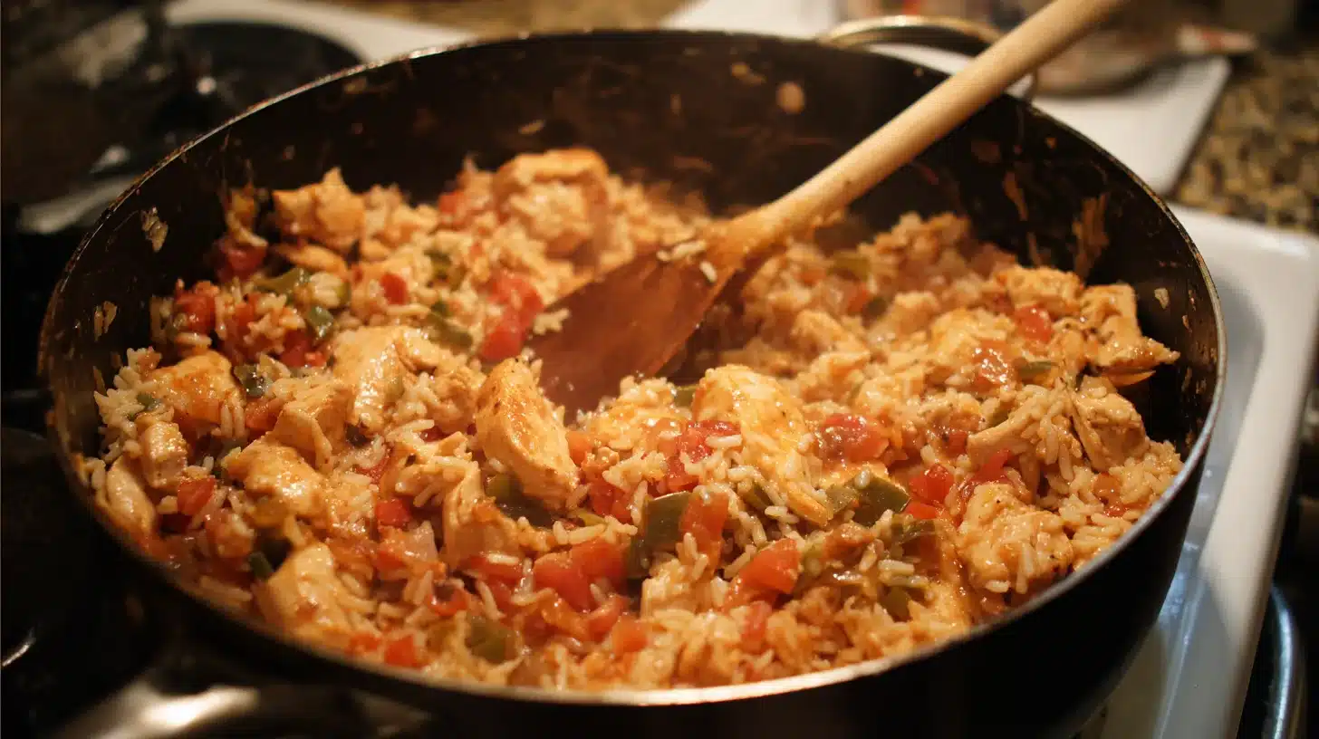 Simmering taco chicken and rice Taco chicken and rice simmering in covered pan