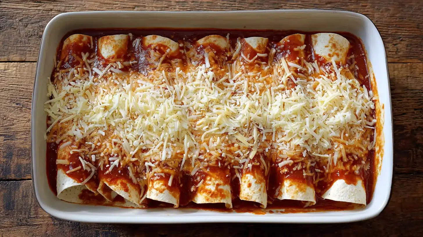 Topping enchiladas with sauce and cheese Adding sauce and cheese to Street Corn Chicken Enchiladas