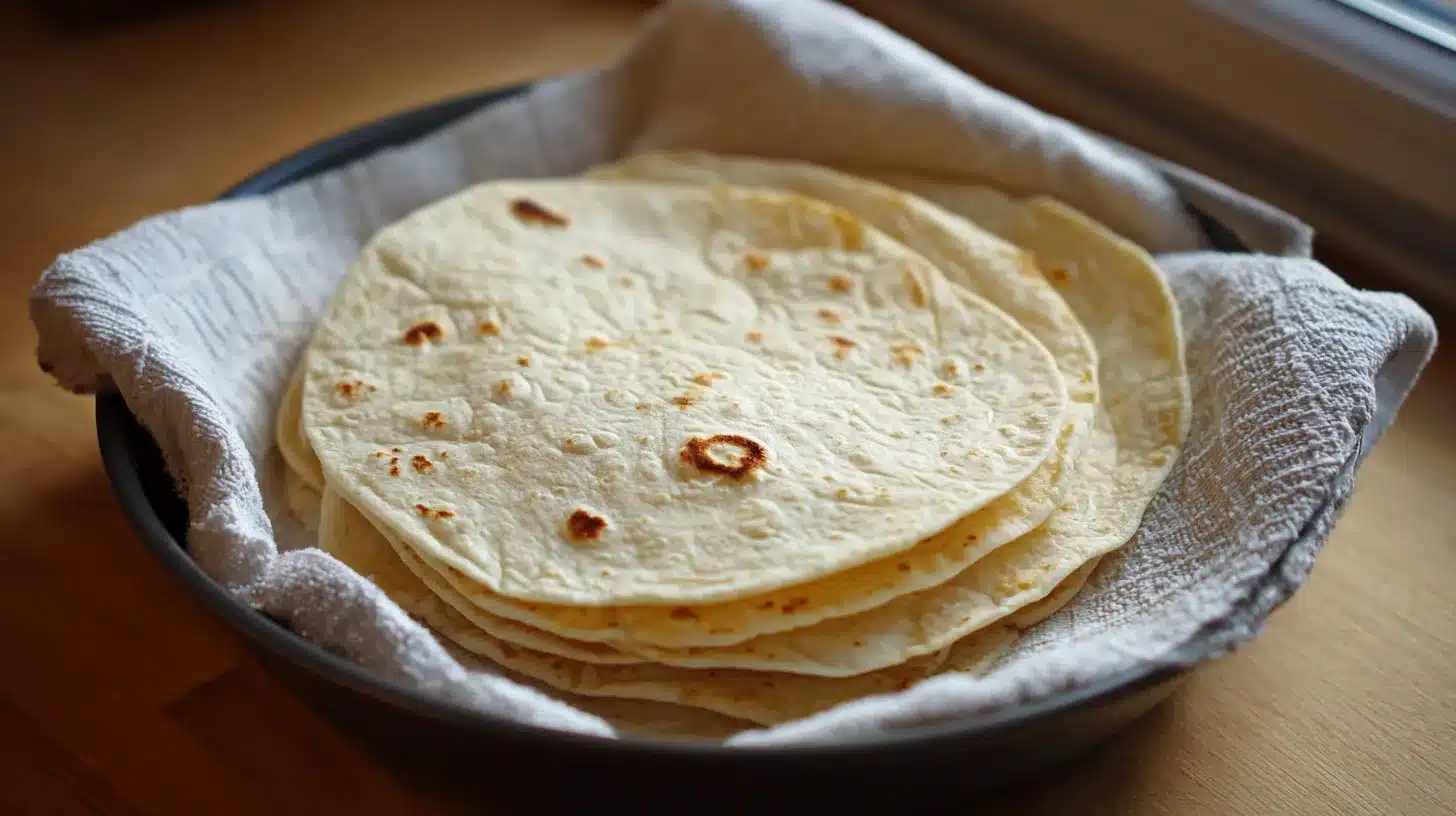 Warming tortillas in skillet Soft tortillas warming for chicken and rice tacos