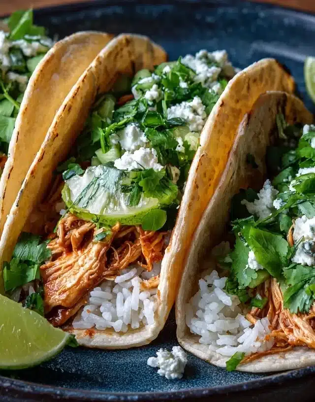 Chicken and rice tacos served on a rustic plate