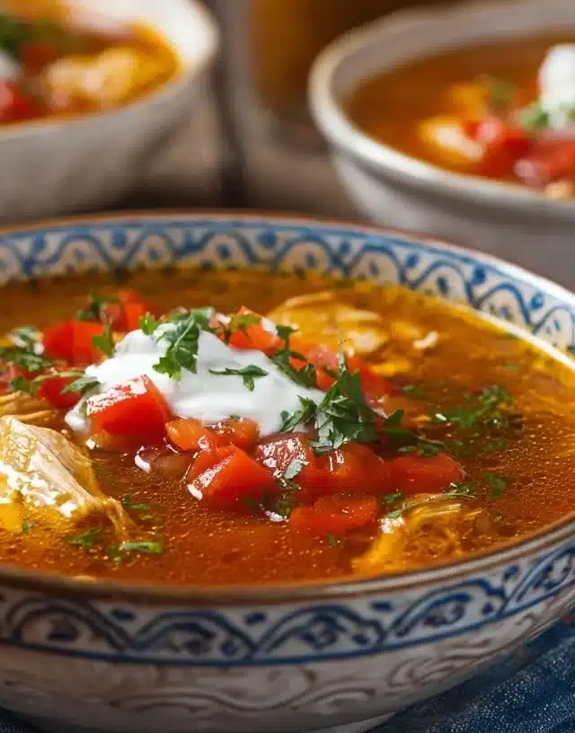 Spicy chipotle chicken soup served on a rustic plate