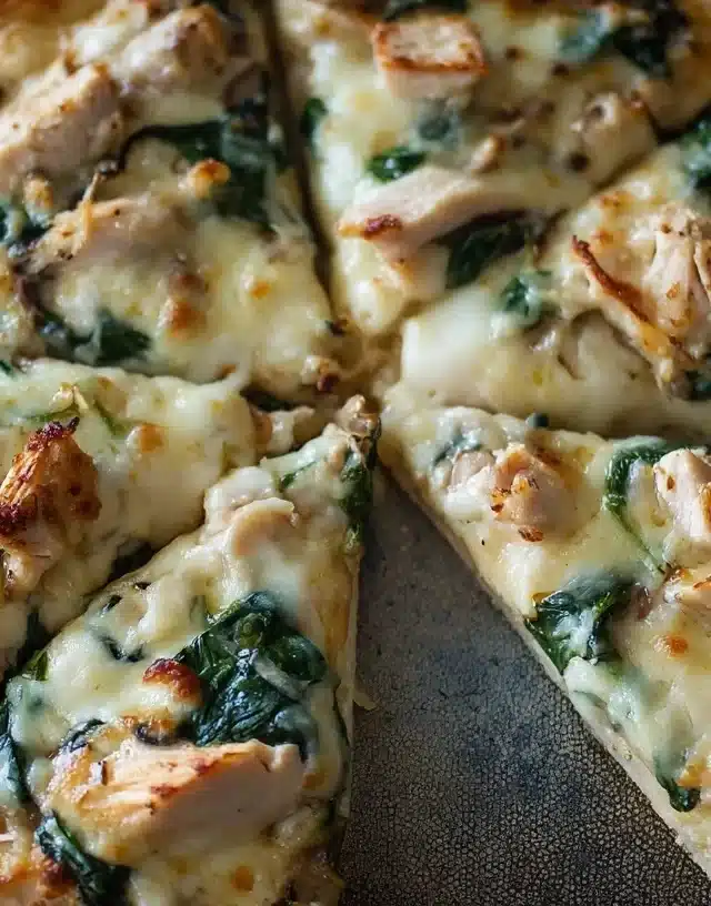 Chicken florentine pizza styled on wooden table with garlic and parmesan