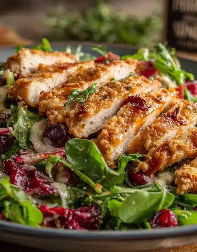 Chicken tender salad served on a rustic plate with crispy chicken and greens