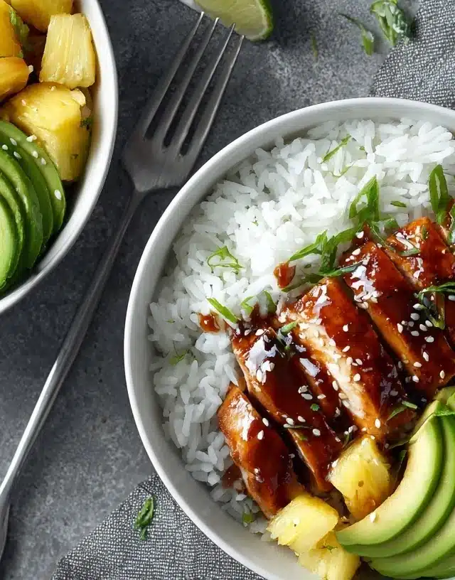 Ingredients for Hawaiian BBQ chicken recipe arranged on a kitchen counter