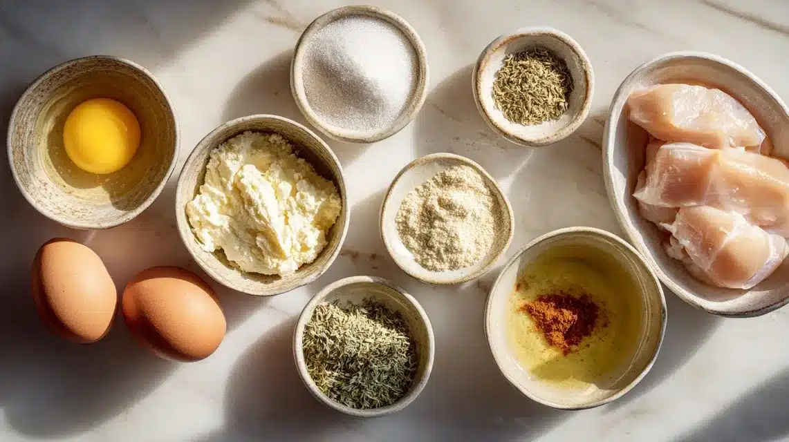 Ingredients for canned chicken pizza crust on marble Ingredients for canned chicken pizza crust arranged on marble