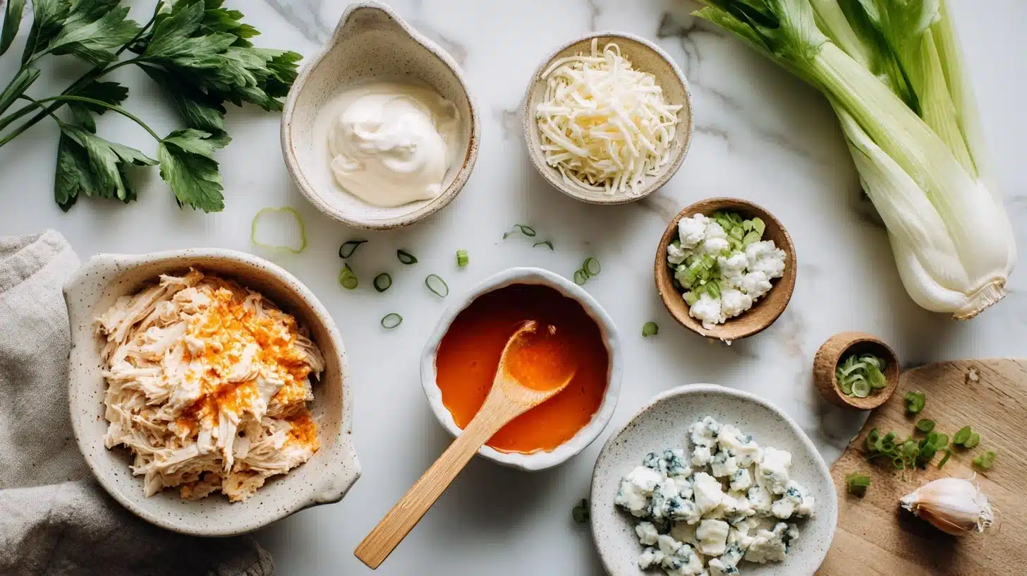 Ingredients for Buffalo Chicken Dip Healthy Recipe Ingredients for buffalo chicken dip healthy recipe on marble counter