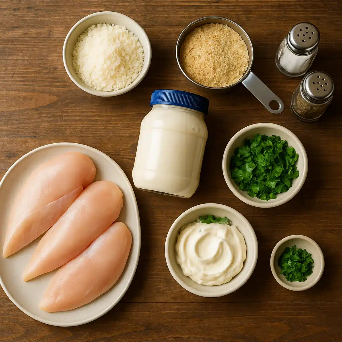 Ingredient Flat Lay for Parmesan Crusted Chicken Parmesan crusted chicken recipe Hellmann's ingredients flat lay