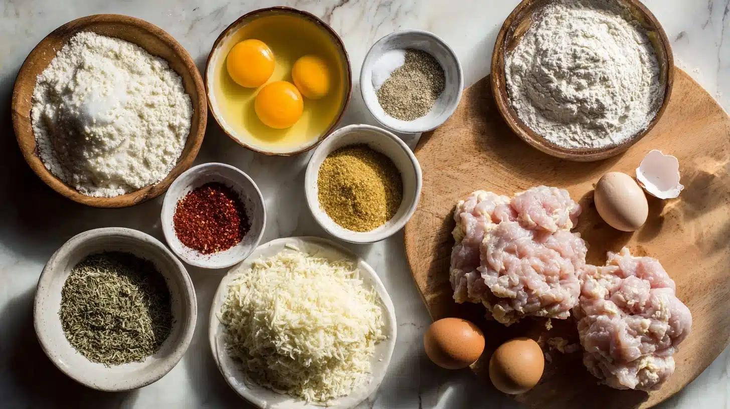 Ingredients for ground chicken pizza crust recipe Ingredients for ground chicken pizza crust recipe on kitchen counter