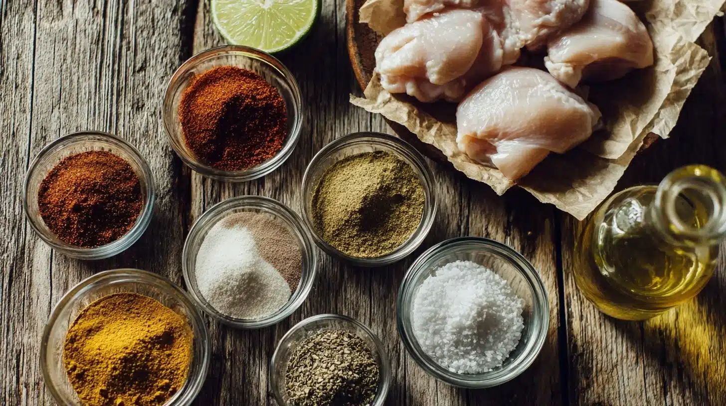 Ingredients for Mexican Style Chicken Thighs spices, chicken thighs, lime, and olive oil arranged for mexican style chicken thighs