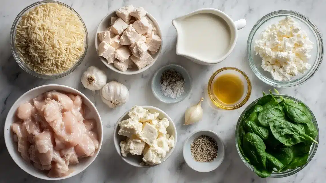 Chicken Alfredo Orzo Ingredients on Kitchen Counter Ingredients for chicken alfredo orzo arranged on wood counter
