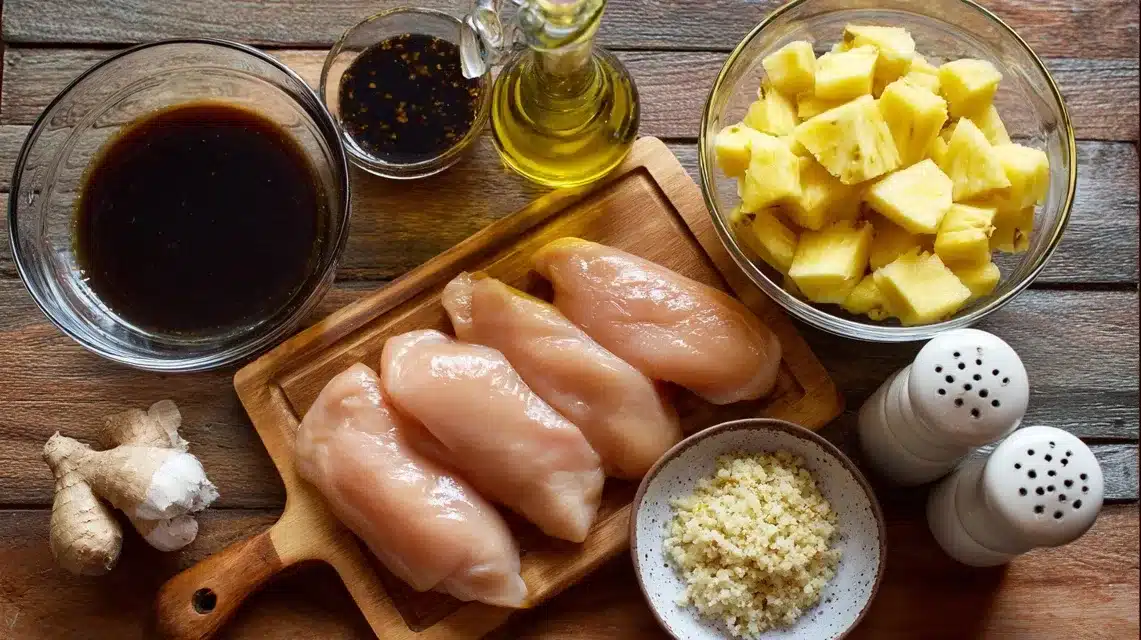 Hawaiian BBQ chicken ingredients on wood counter ngredients for Hawaiian BBQ chicken recipe arranged on a kitchen counter