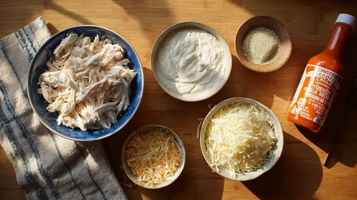 Ingredients for buffalo chicken dip healthy on kitchen counter Core ingredients for buffalo chicken dip healthy arranged on a wood surface