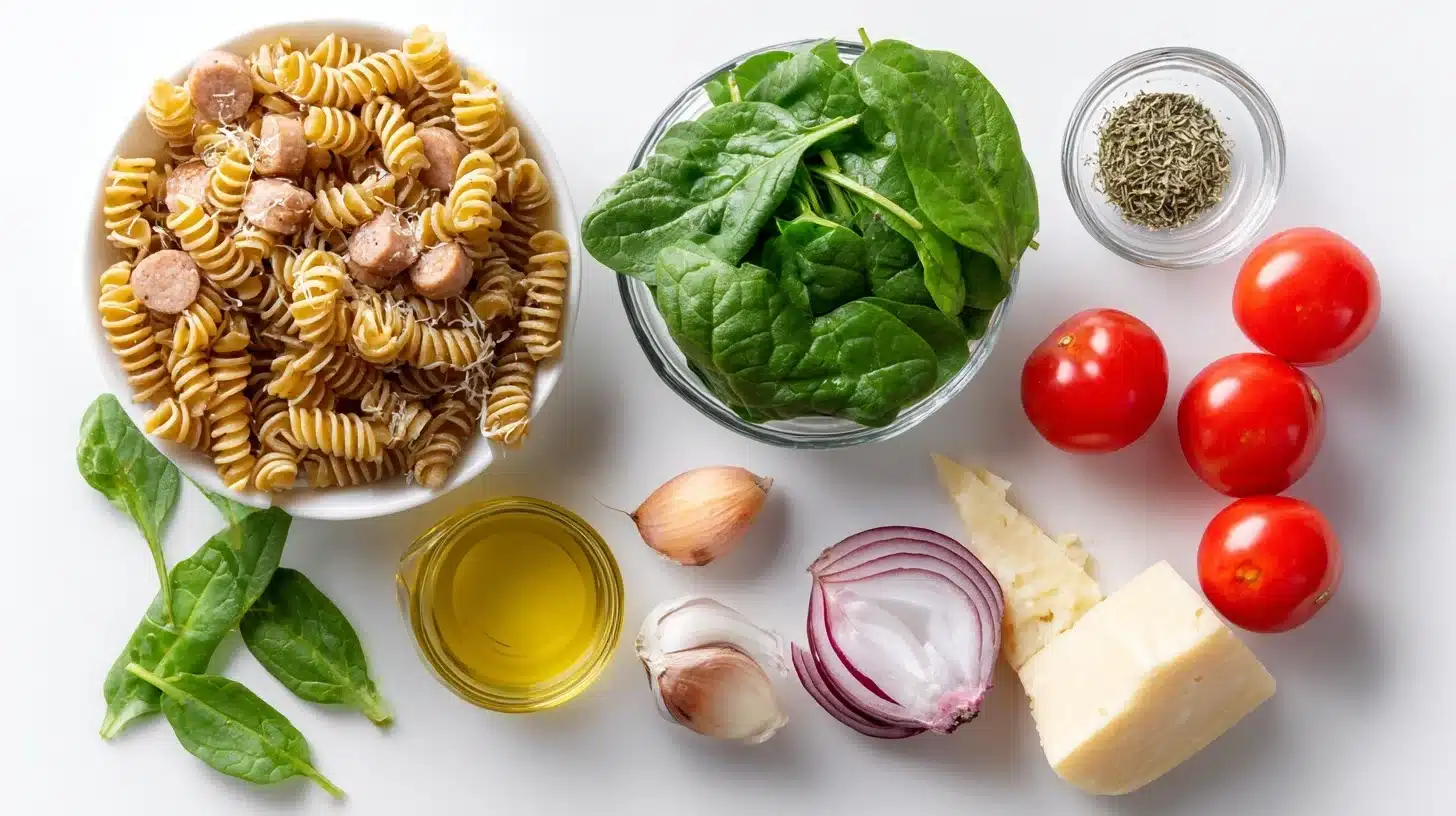 Ingredients for chicken sausage pasta on white background Chicken sausage pasta ingredients laid out on white surface