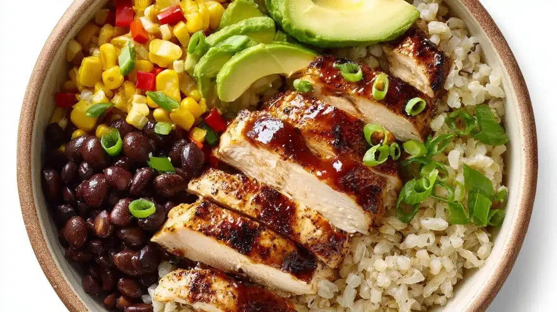 Ingredients for Honey BBQ Chicken Bowls Fresh ingredients for honey BBQ chicken bowls laid out on a kitchen counter